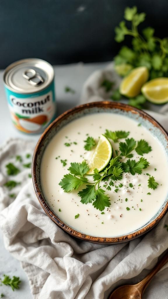A bowl of coconut milk garnished with cilantro and lime, next to a can of coconut milk.