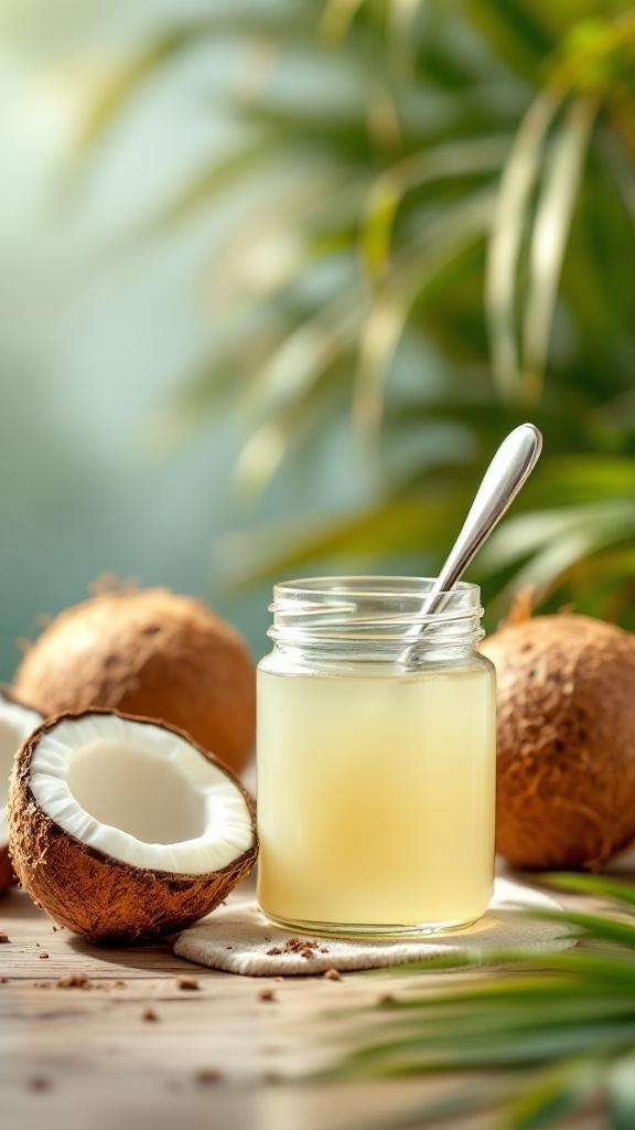 A jar of coconut oil with fresh coconuts in the background.
