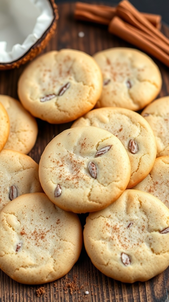 A plate of coconut oil snickerdoodle cookies with cinnamon and coconut.