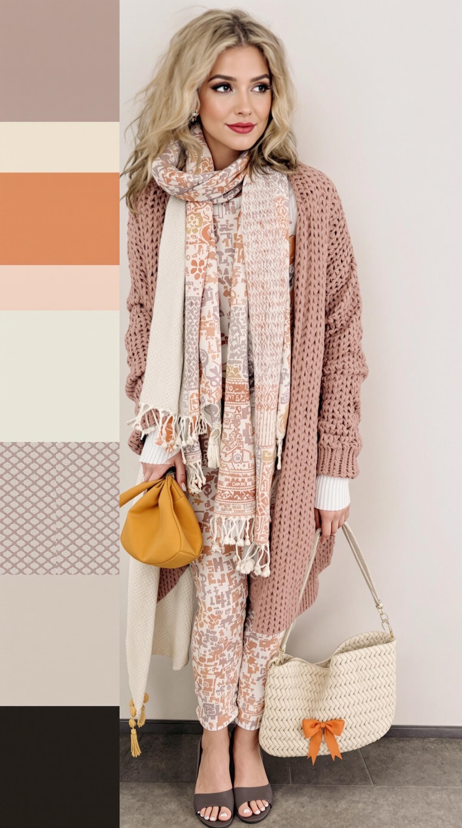 A mint green and peach cardigan surrounded by matching accessories on a pastel background.