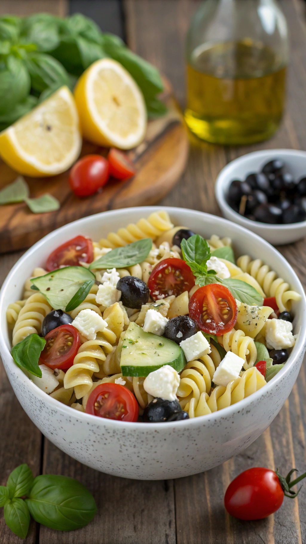 A vibrant Mediterranean pasta salad with rotini, cherry tomatoes, cucumber, black olives, and feta cheese, garnished with fresh basil.