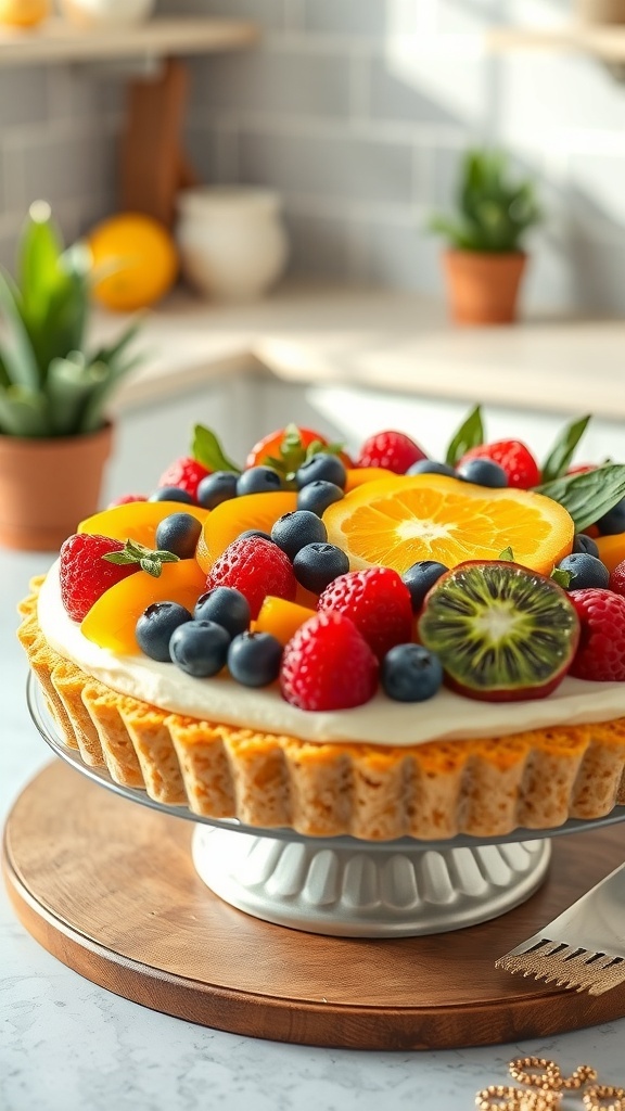 A colorful no-bake fruit tart topped with various fresh fruits on a wooden serving platter.