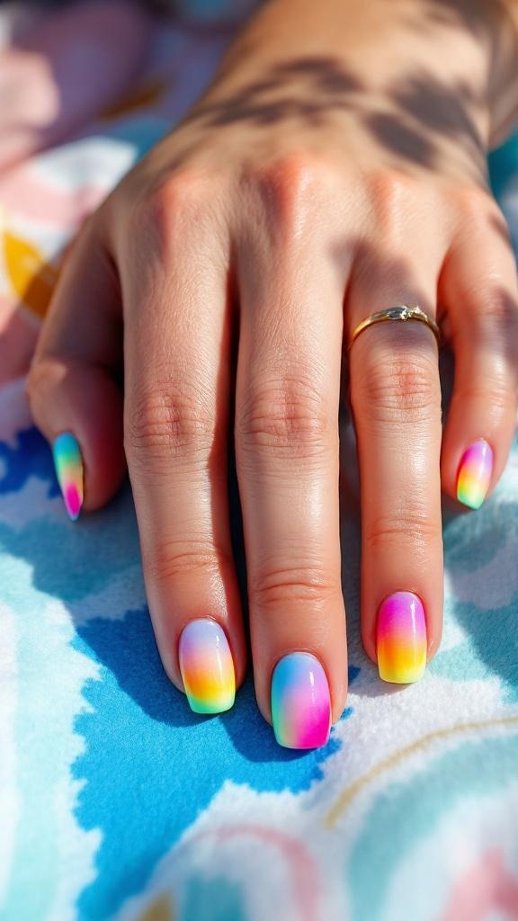 Colorful ombre nails featuring pink, blue, and yellow shades.