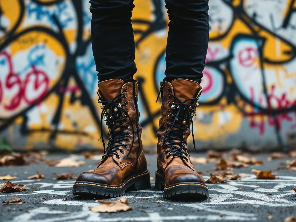Stylish brown combat boots worn with skinny jeans against a graffiti background