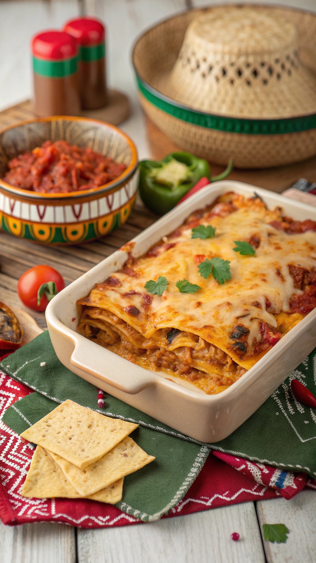 A baked chicken enchilada casserole topped with cheese and cilantro, served with tortilla chips and salsa.