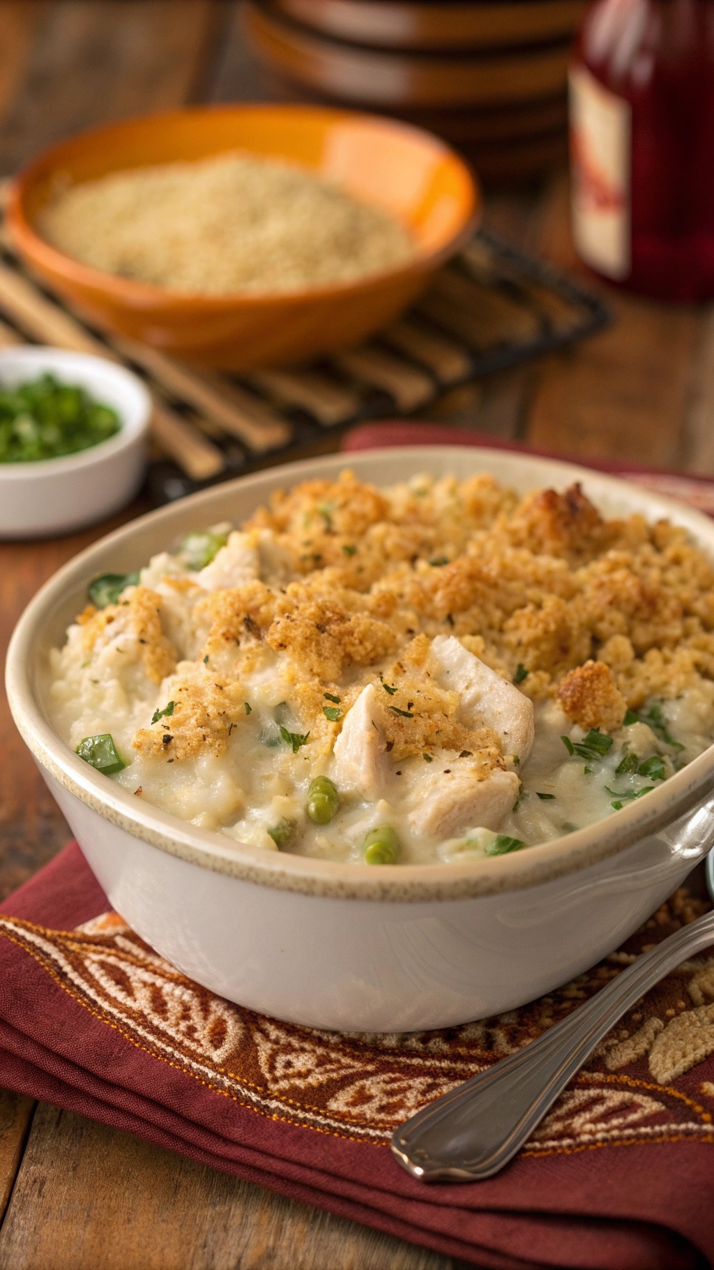 A comforting bowl of creamy chicken and rice casserole topped with breadcrumbs, served on a decorative napkin.