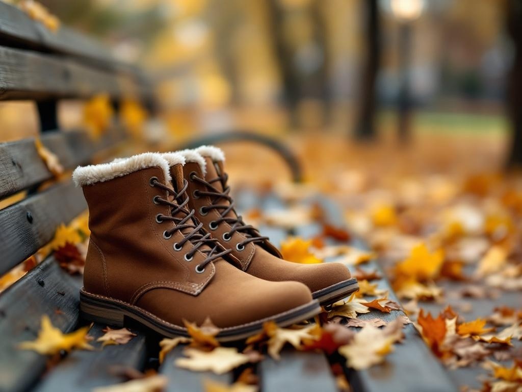 A pair of brown flat boots on a bench surrounded by autumn leaves.