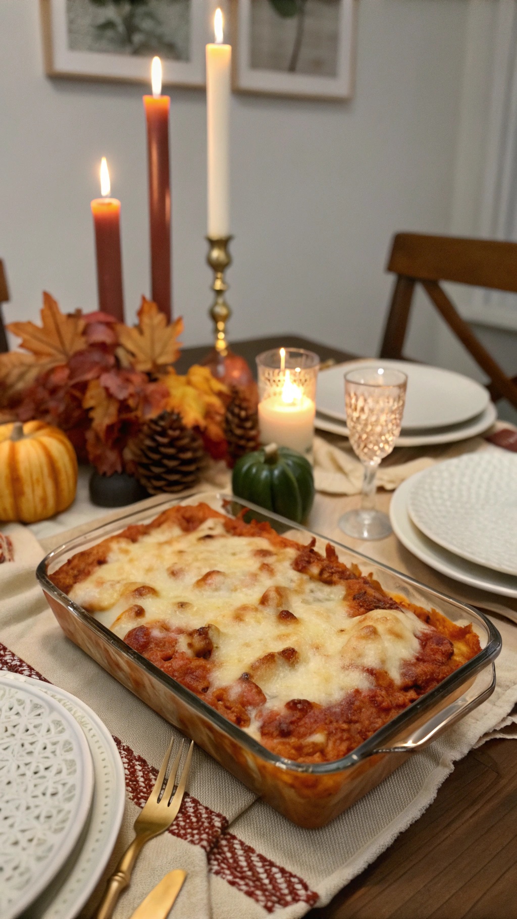 A cozy baked ziti dish with melted cheese, surrounded by autumn decorations and candles.