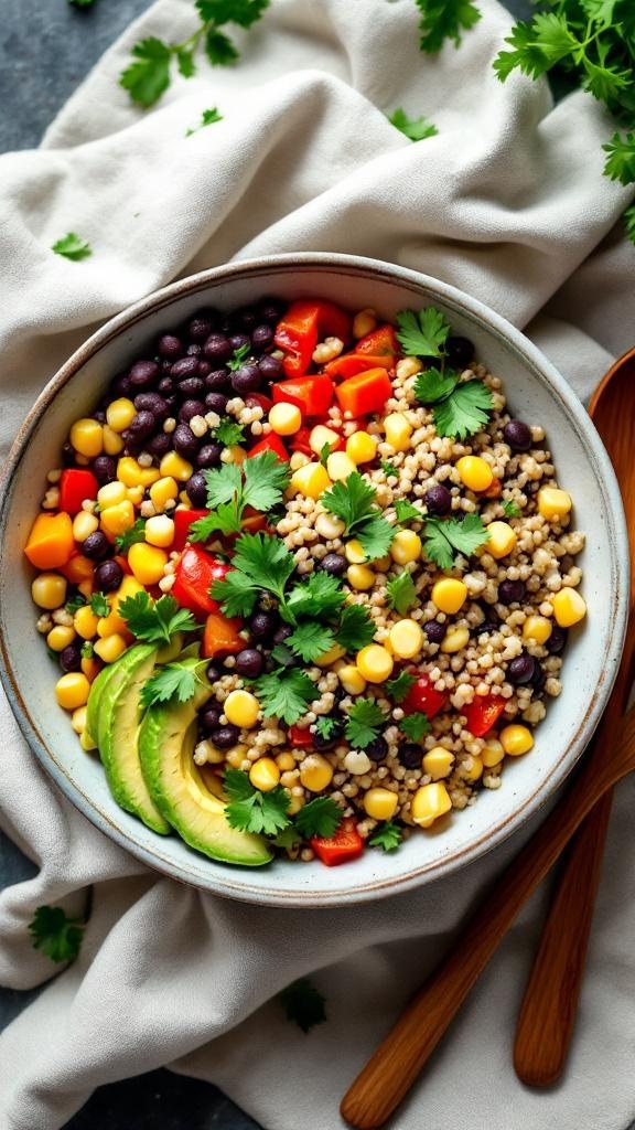 A colorful quinoa and black bean bowl with corn, bell peppers, avocado, and cilantro.