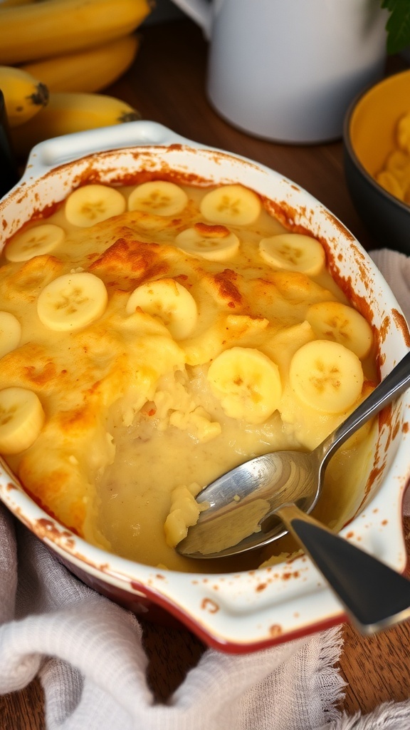 A comforting banana pudding bake with slices of banana on top, served in a red dish.