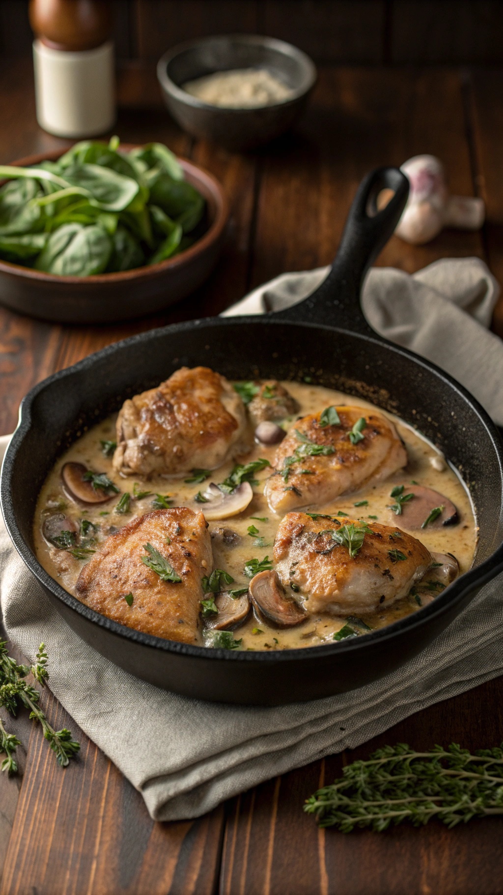 Creamy Garlic Mushroom Chicken Thighs in a skillet with mushrooms and herbs