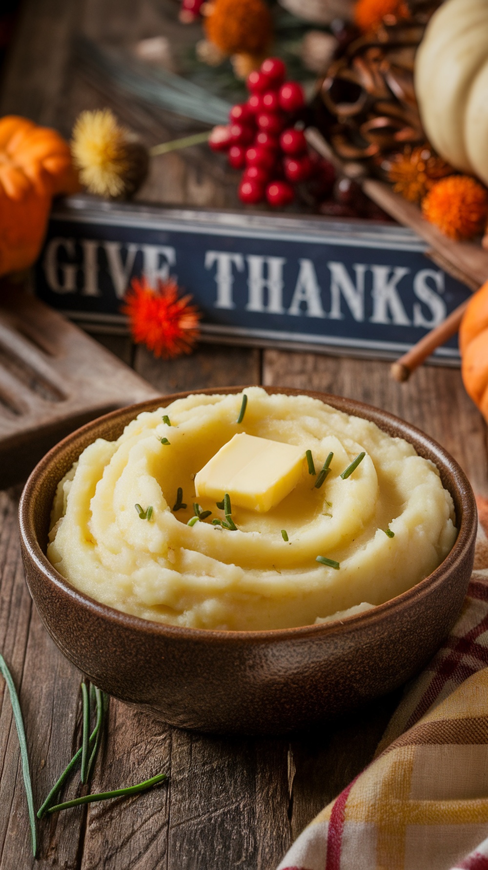 A bowl of creamy mashed potatoes topped with butter and chives, surrounded by autumn decorations.