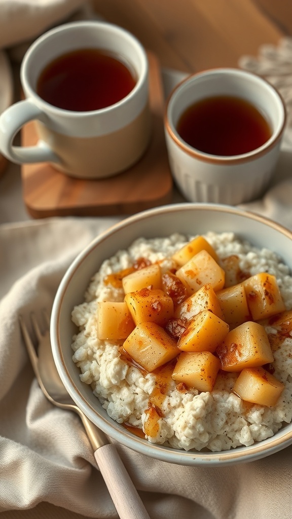 A bowl of oatmeal topped with diced apples and cinnamon, with cups of tea in the background.
