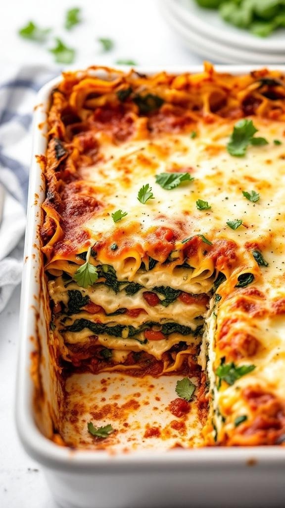A delicious one-pan veggie lasagna with layers of noodles, spinach, and melted cheese, garnished with fresh herbs.