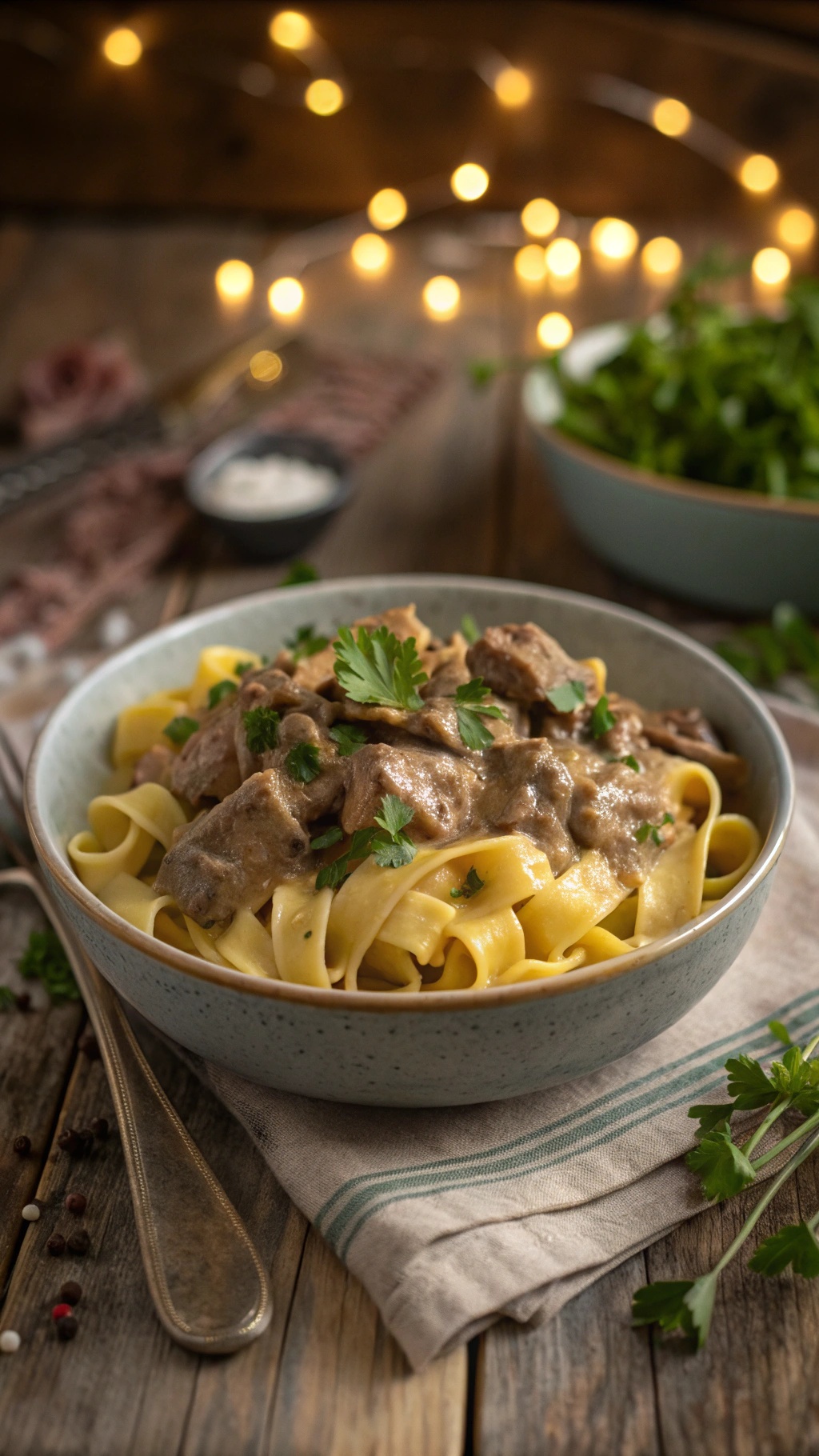 A bowl of beef stroganoff served over egg noodles, garnished with parsley.