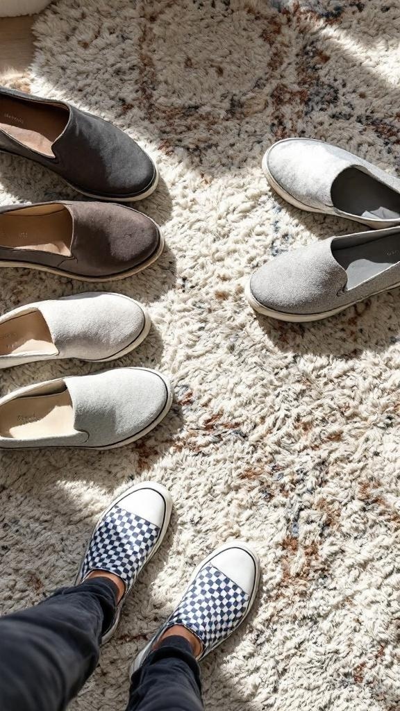 A selection of comfy slip-on shoes on a soft rug, showcasing various colors and styles.