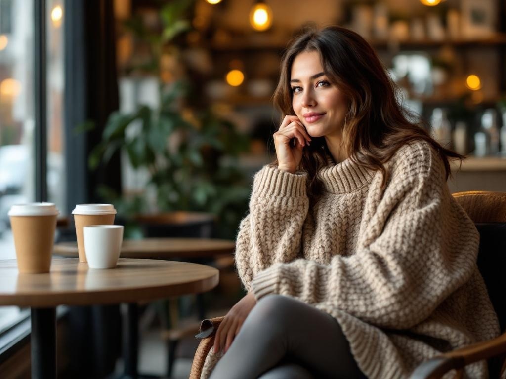 A woman sitting in a café wearing a cozy oversized sweater, with coffee cups on the table.