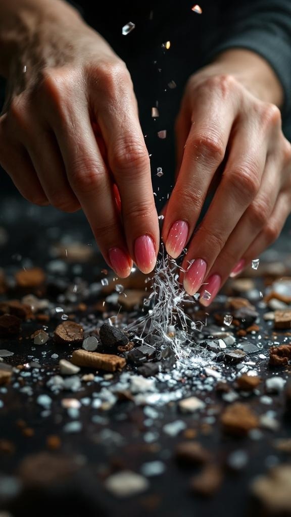 Close-up of a hand with beautifully decorated nails featuring small flower and star designs.