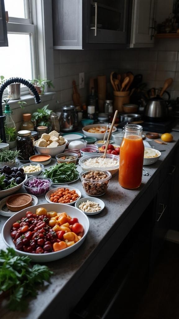A colorful display of fresh fruits, vegetables, and a meal planning sheet on a wooden table.