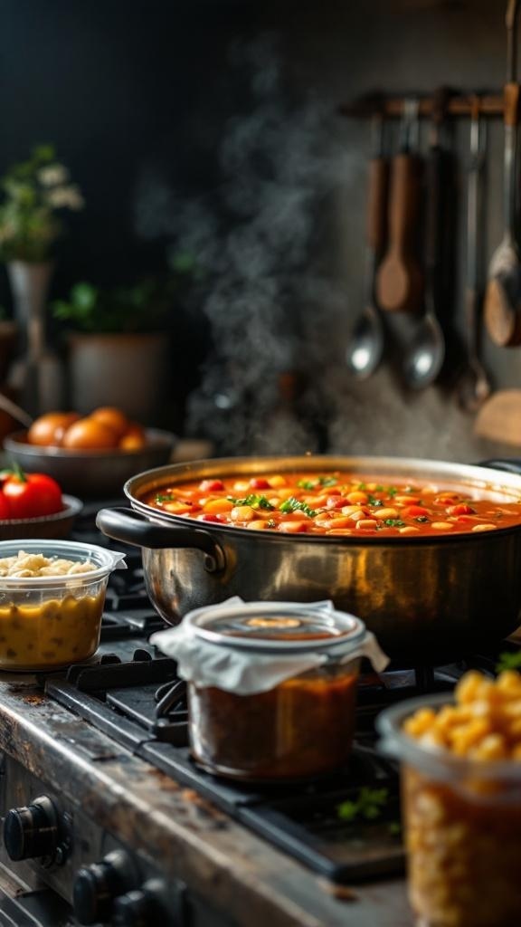 A large pot of vegetable stew on a stove, with containers of prepped ingredients nearby.