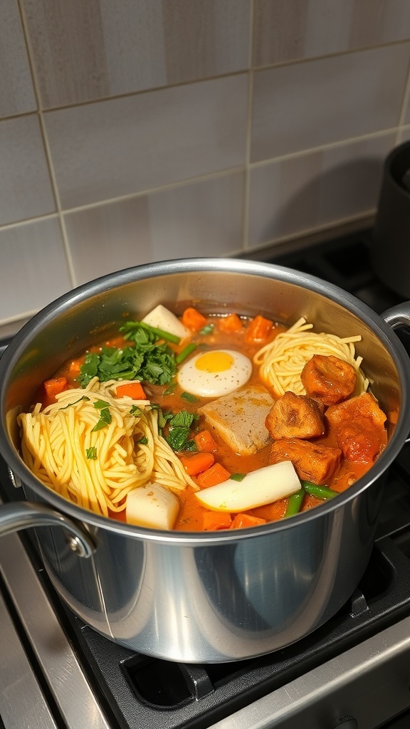 A pot filled with noodles, vegetables, and an egg, simmering on the stove.