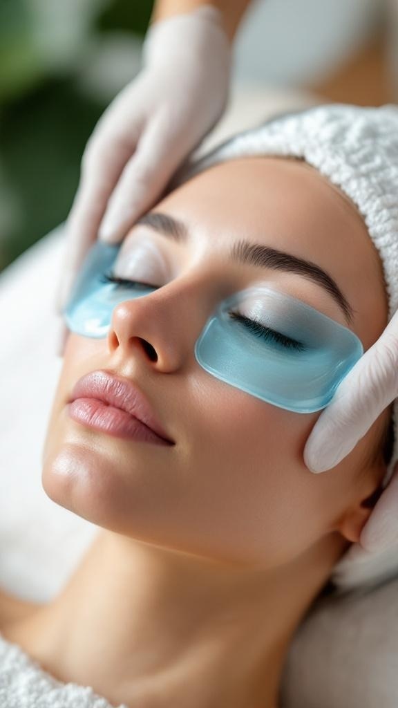 A woman receiving a cooling eye treatment with gel pads on her eyes.