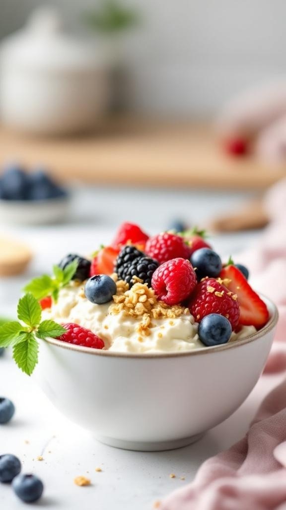 A bowl of cottage cheese topped with mixed berries and granola, garnished with mint leaves.