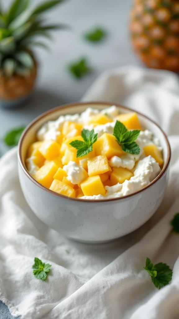 A bowl of cottage cheese topped with pineapple chunks and mint leaves, with a pineapple in the background.