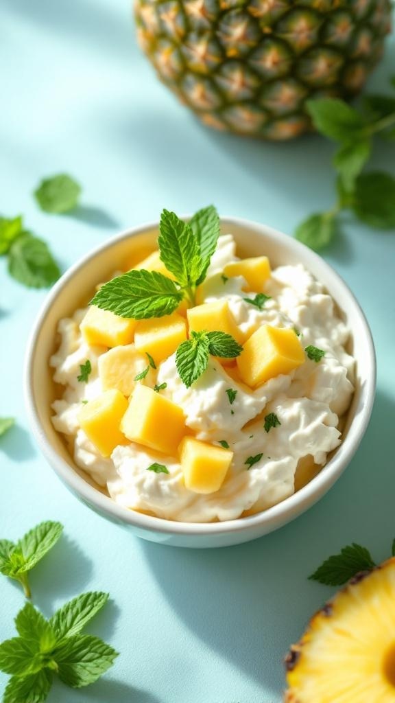 A bowl of cottage cheese topped with pineapple chunks and mint leaves, with a pineapple in the background.