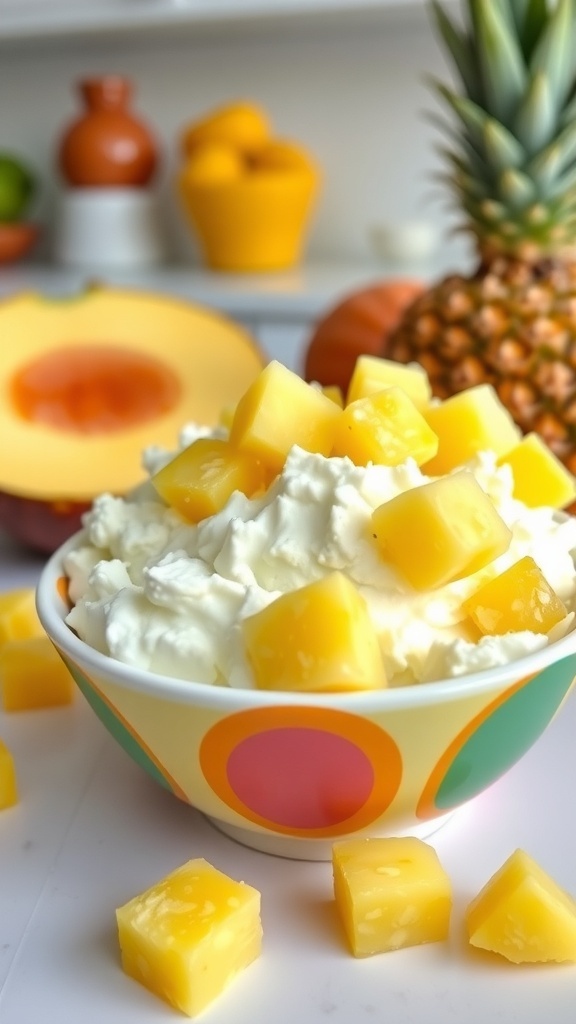 A colorful bowl of cottage cheese topped with pineapple chunks, surrounded by fresh fruits.
