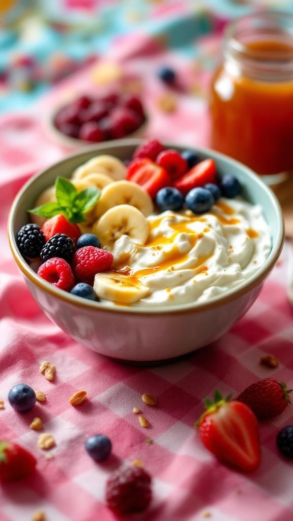 A colorful bowl of cottage cheese topped with fresh fruits like bananas, strawberries, blueberries, and raspberries on a pink checkered tablecloth.