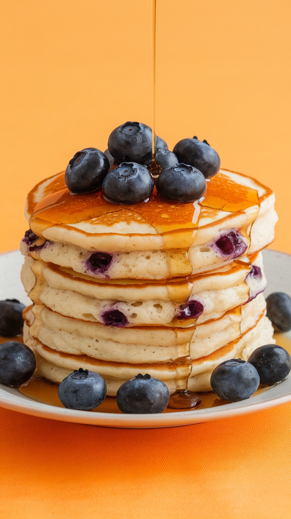 Fluffy cottage cheese pancakes stacked with blueberries and syrup drizzled on top.