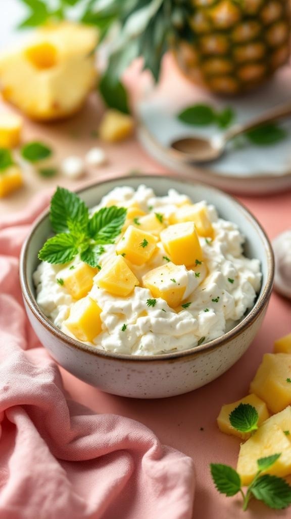 A bowl of cottage cheese topped with pineapple chunks and mint leaves, with fresh pineapple in the background.