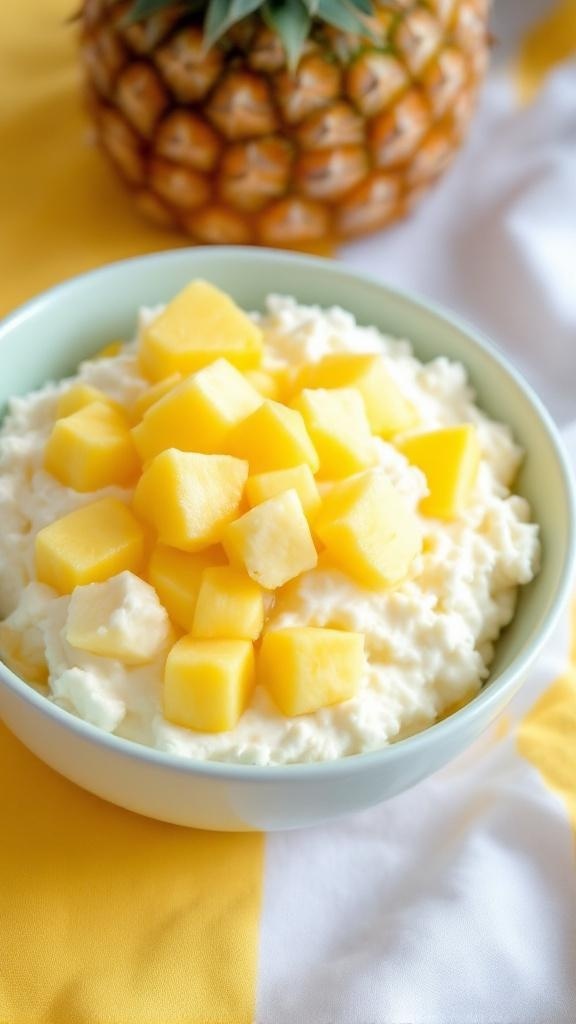 A bowl of cottage cheese topped with fresh pineapple chunks, with a pineapple in the background.