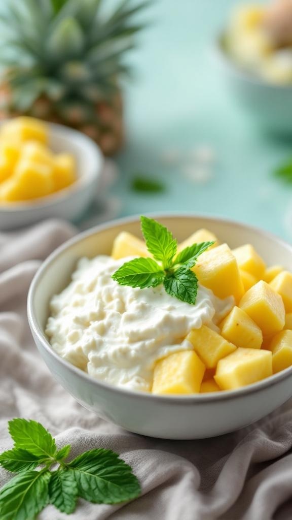 A bowl of cottage cheese topped with pineapple chunks and a mint leaf, with a pineapple in the background.