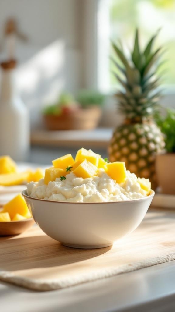 A bowl of cottage cheese topped with pineapple chunks, with a pineapple in the background.
