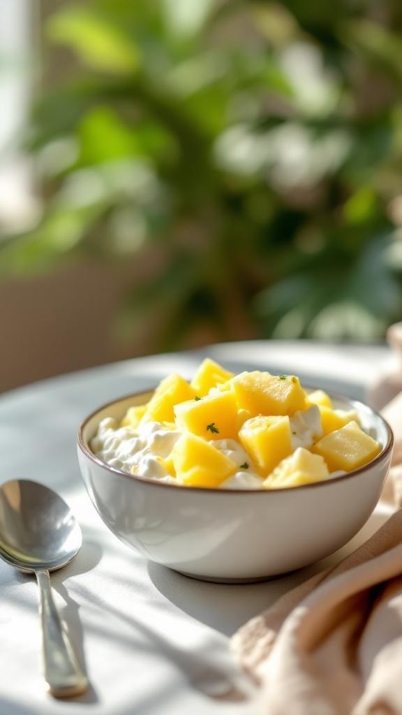 A bowl of cottage cheese topped with pineapple chunks, placed on a table with a spoon beside it.