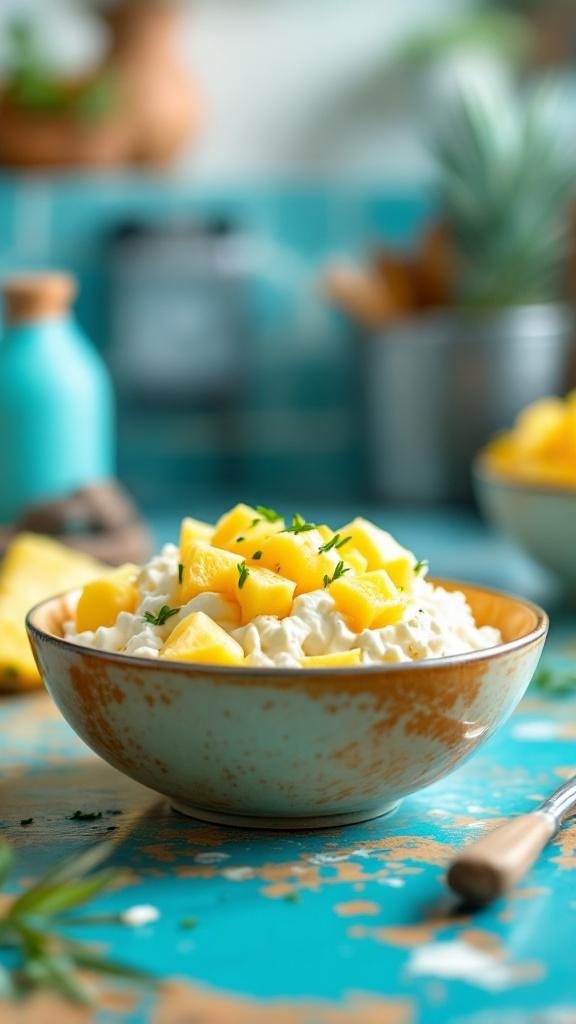 A bowl of cottage cheese topped with pineapple chunks, placed on a colorful table.