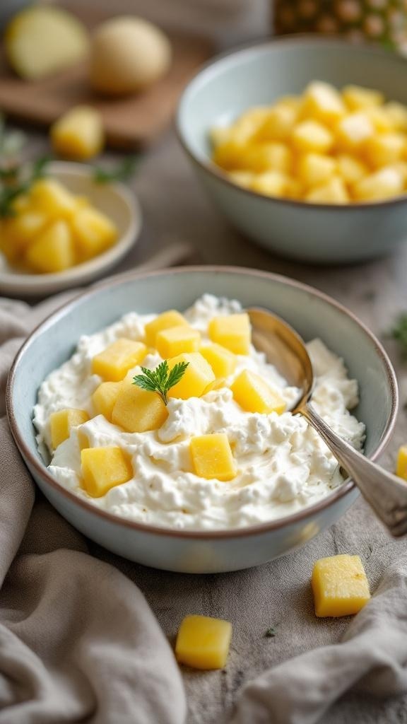 A bowl of cottage cheese topped with pineapple chunks, with additional pineapple pieces in the background.