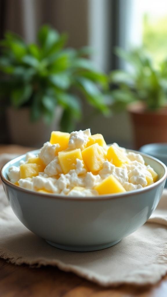 A bowl of cottage cheese topped with pineapple chunks, placed on a wooden table with plants in the background.