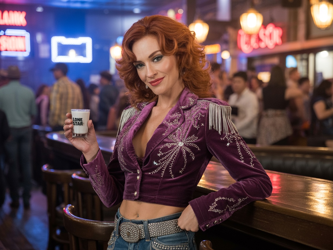 A glamorous cowgirl outfit featuring beaded embellishments and a cowboy hat, set against a vibrant nightlife backdrop.