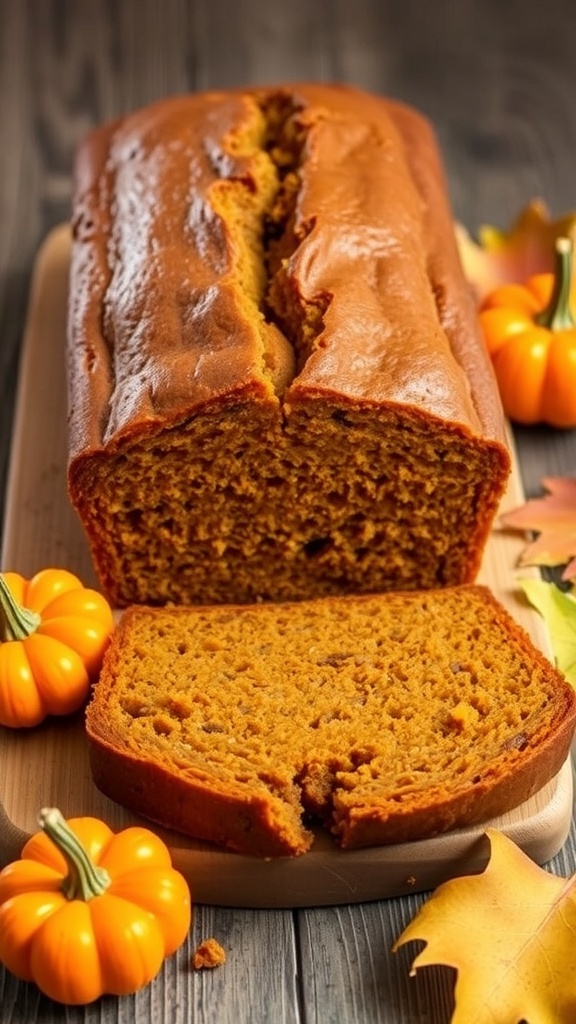 A freshly baked loaf of pumpkin bread sliced on a wooden board, surrounded by small pumpkins and autumn leaves.