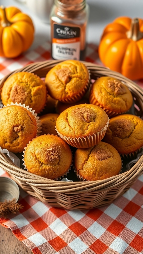 A basket of freshly baked pumpkin muffins with a sprinkle of pumpkin spice, surrounded by small pumpkins and a checkered cloth.