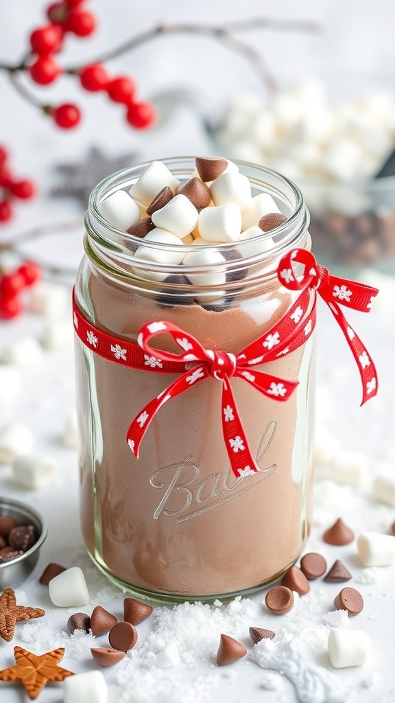 A jar filled with hot chocolate mix, topped with marshmallows and tied with a festive ribbon.