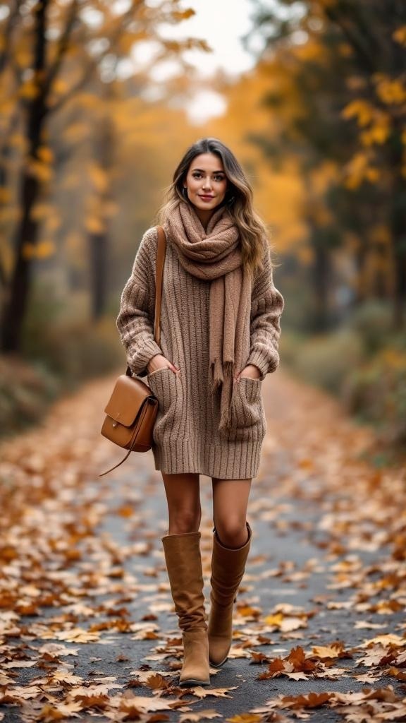 A woman wearing a cozy knit dress with a scarf and knee-high boots, walking on a leaf-covered path in autumn.
