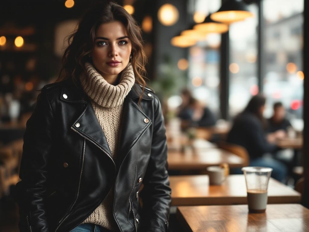 A woman in a cozy knit sweater and leather jacket sitting in a café.