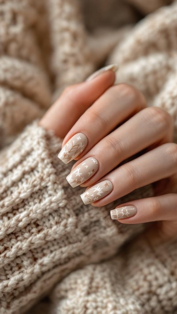 Nails with a cozy sweater knit pattern in beige and white, resting on a knitted fabric.