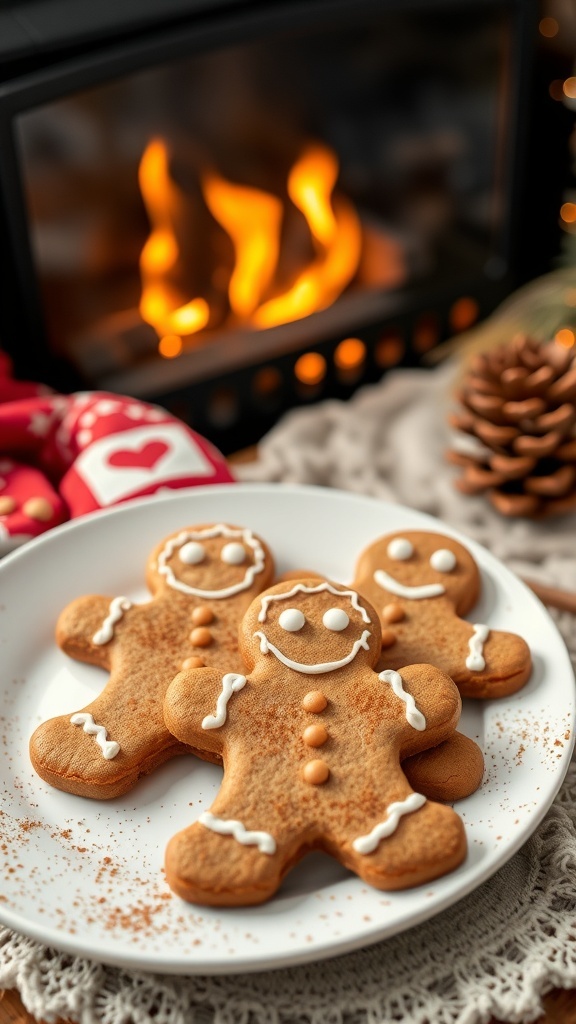 A plate of gingerbread cookies with icing, placed in front of a warm fireplace.