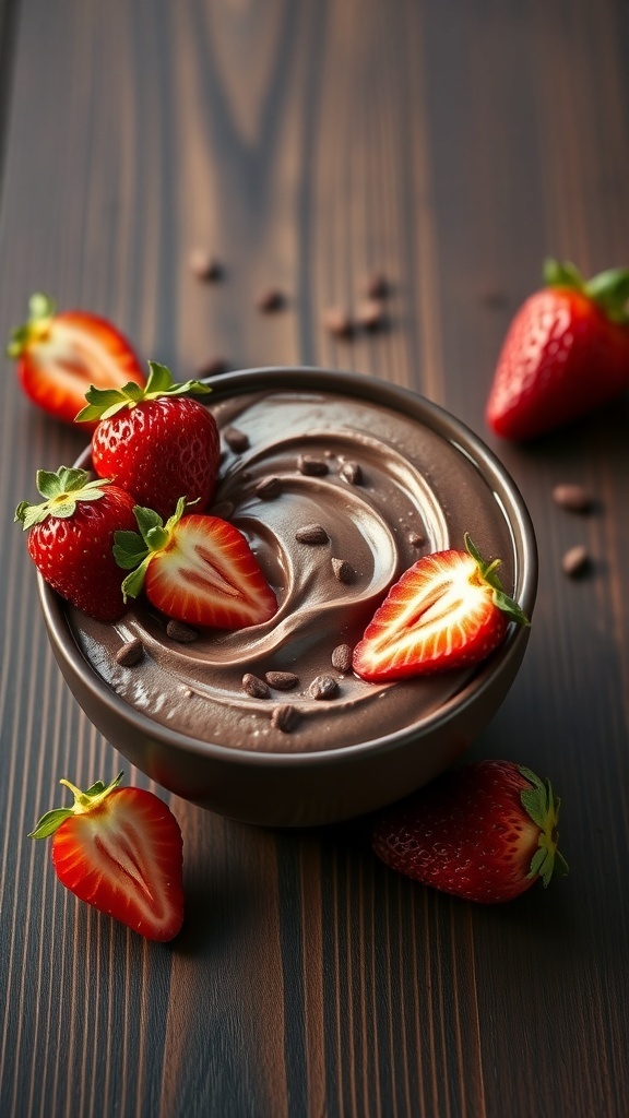 A bowl of chocolate mousse topped with fresh strawberries on a wooden table.