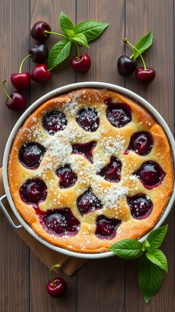 A freshly baked almond and cherry clafoutis topped with powdered sugar, surrounded by fresh cherries and mint leaves.